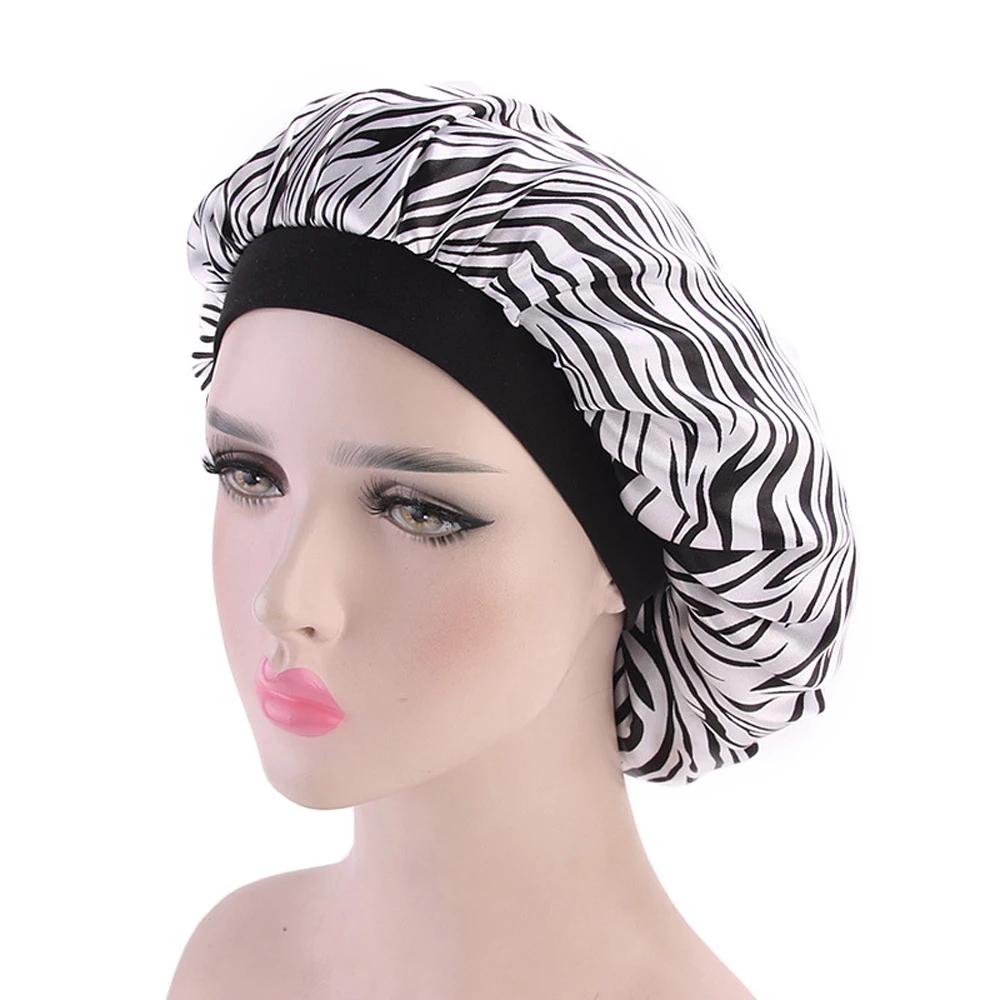 Fashion Women Satin Bonnet Night Sleep Hat Elastic Wide Band Hair Loss Cover Head Wrap зебра