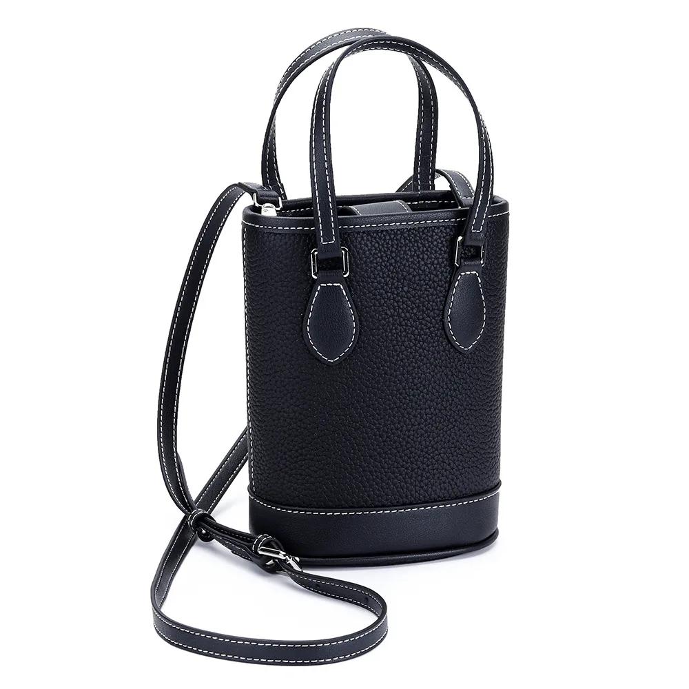 

Luxury Women Cross Body Bags Trendy Genuine Cow Leather Lunch Bag Bucket Bag Food Basket Amazon Picnic Handbag Soft Top-handle чёрный