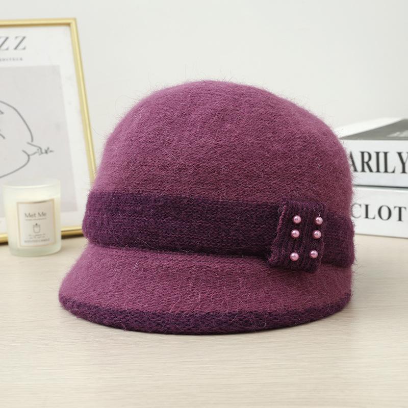 Autumn and Winter Middle Aged and Elderly Hats for Women  Pearl Ribbon and Velvet Rabbit Hair Equestrian Hat  Cold Proof and Warm Knitted Scarf Set
