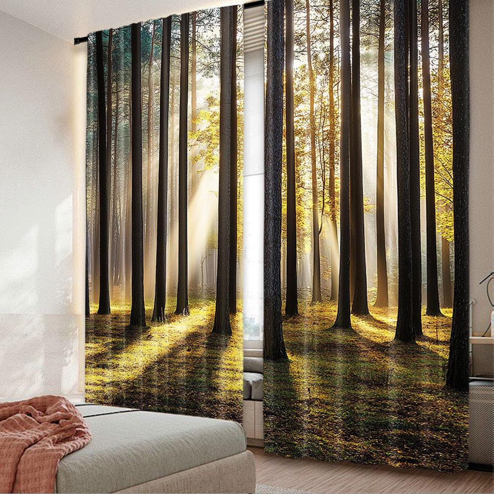 

Set Of 2 Forest Curtains Landscape Sunrise Leaves Seasonal Woodland Scenery Po Bedroom Bathroom Living Room Curtain Polyester Ideal For Great W100*H70(CM)-Hooks&1PCS