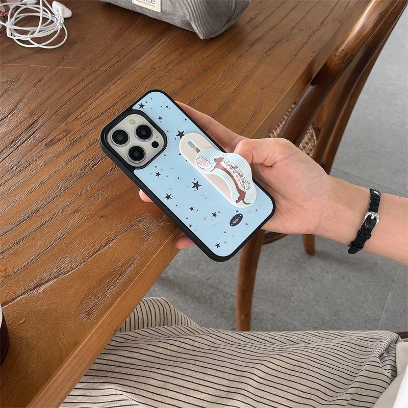 Korean Blue Star Cute Puppy Cartoon Band Aid Bracket Phone Case For iPhone 17 Air 16 15 14 13 12 11 Pro Max Plus Kawaii Cover