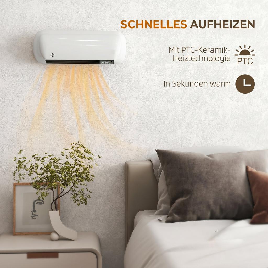 Wall Fan Heater 2000W Ceramic Wall Heater with Fan, 2 Power Levels, LED Display, Thermostat, White