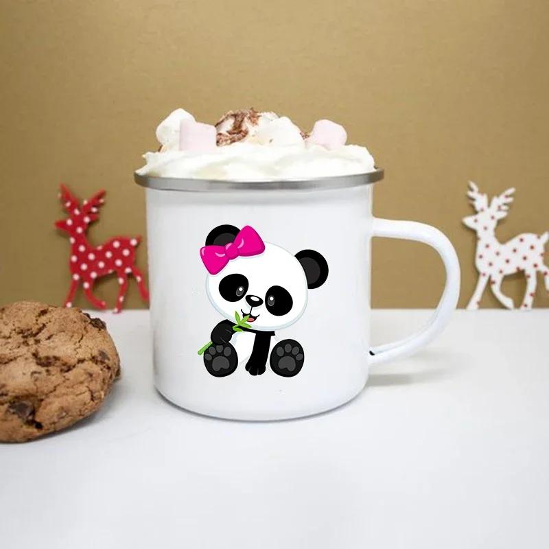 Cute Panda Print Enamel Creative Coffee Tea Water Cups Drinks Dessert Breakfast Milk Cup Kawaii Mugs Handle Drinkware Best Gifts
