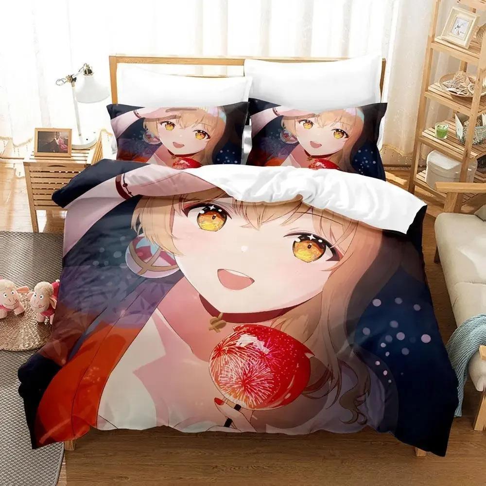Game Yoimiya Genshin Impact Bedding Set Cartoon Anime Three-piece Set Adult Kid Bedroom Duvet Cover Sets 3D Kawaii Girls