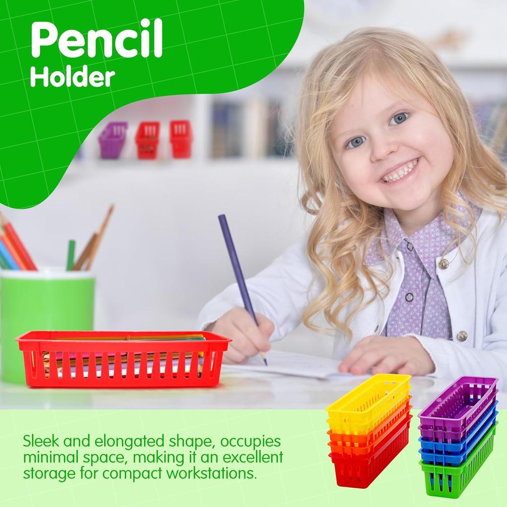4E's Novelty 12 Pack Pencil Holder for Kids Desk, Colorful Plastic Pen Baskets Tray for Organizing Classroom Supplies, Plastic Caddy for Desk and