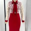 Plus Size Women's Lace Long Sleeve Bodycon Dress Elegant High Waist Patchwork Midi Office Dress