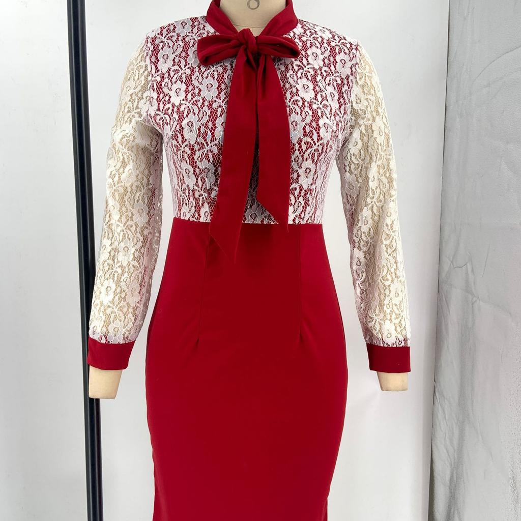 Plus Size Women's Lace Long Sleeve Bodycon Dress Elegant High Waist Patchwork Midi Office Dress