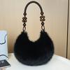 Faux Fur Tote & Crossbody Handbag with Bead-Accented Strap and Golden-Tone Charm Beads