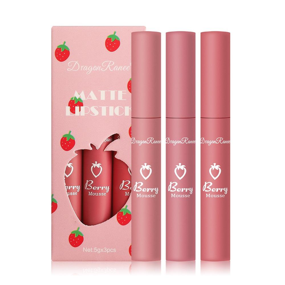 Dragon Ranee 3 saci cu mâneci căpșuni, glazură pentru buze Velvet Mist Matte, culoare roșie pentru buze, set drăguț cu cești antiaderenți