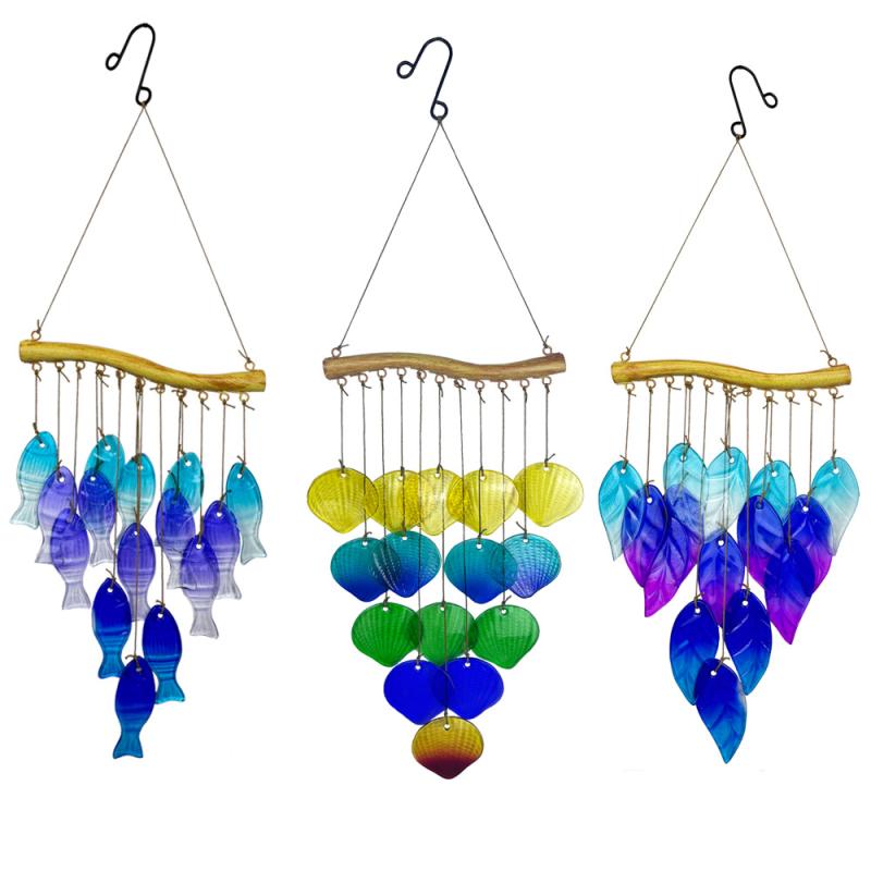 Iron Wind Chimes With Colored Glass For Garden Fish Leaf Design Outdoor Decor Hanging Ornament
