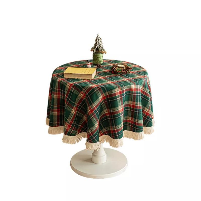 Christmas Plaid Pattern Tablecloth Pastoral Style Round Retro Luxury TableCloth with Tassel Holiday Party Table Cover Home Decor