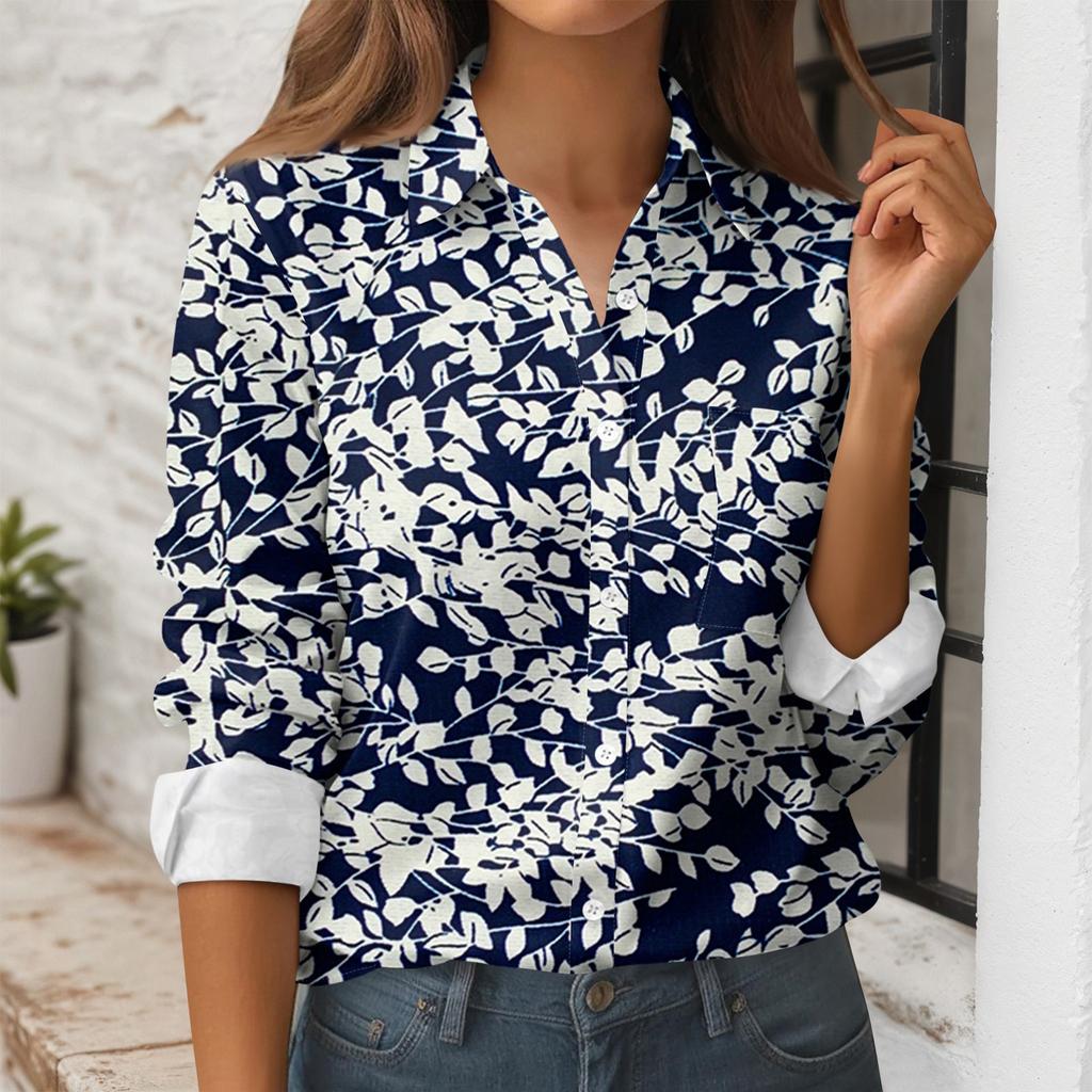 Women's Button Down Prints Shirt Long Sleeve Shirt Business Work Tops Casual With Pockets Jacket