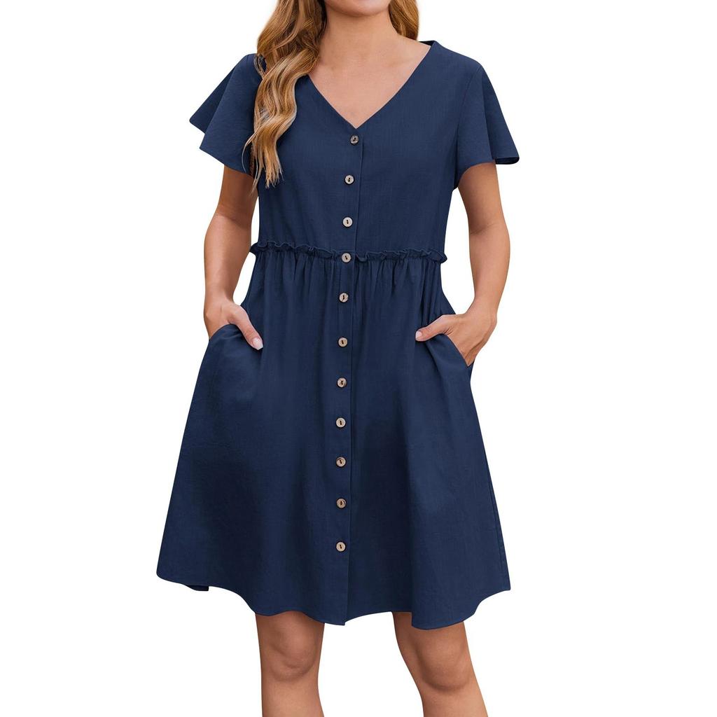 Women's Fashion Solid Color Casual Bohemian Vacation V Neck Short Sleeved Ruffle Edge Dress
