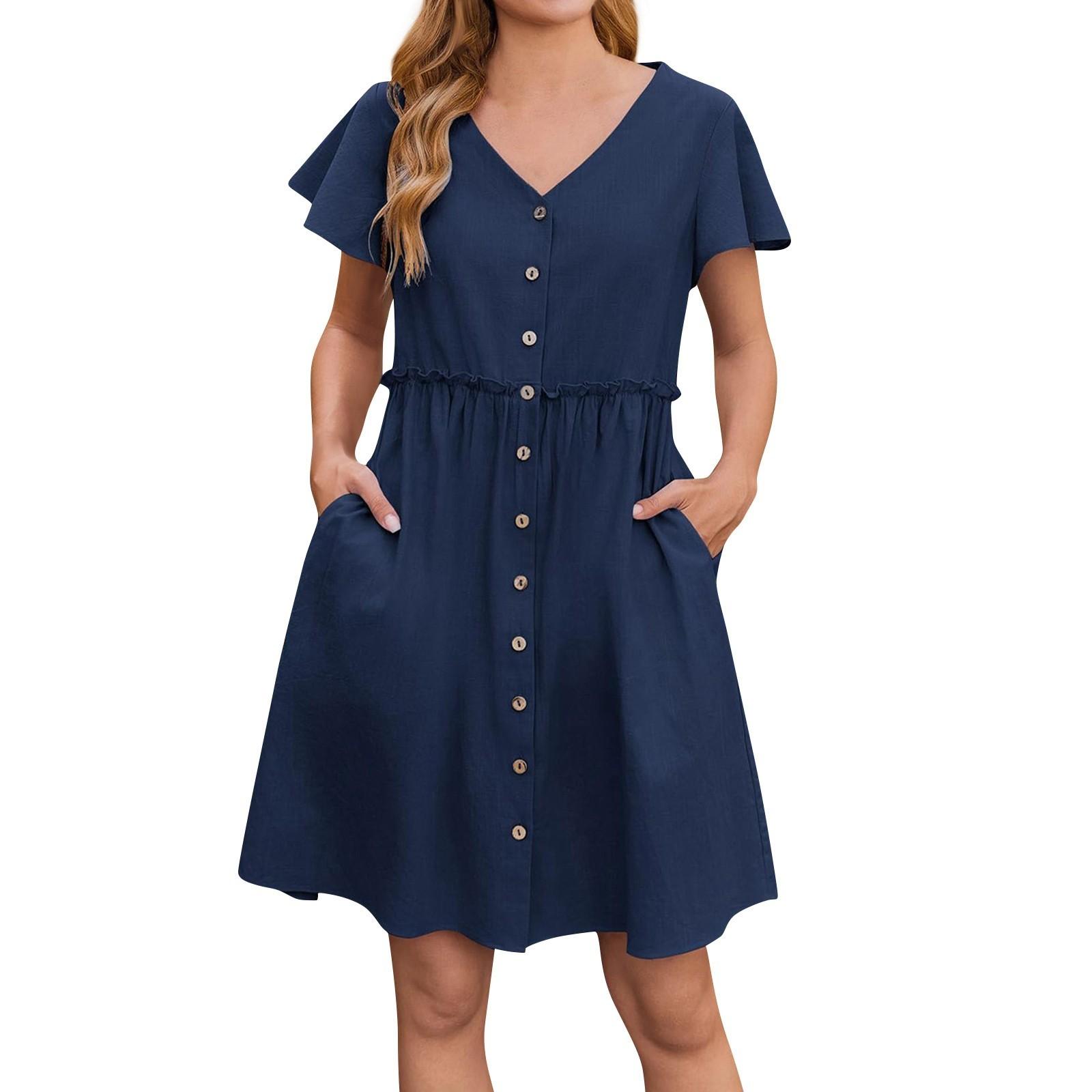 Women s Fashion Color Casual Bohemian Vacation V Neck Short Sleeved Ruffle Edge Dress L