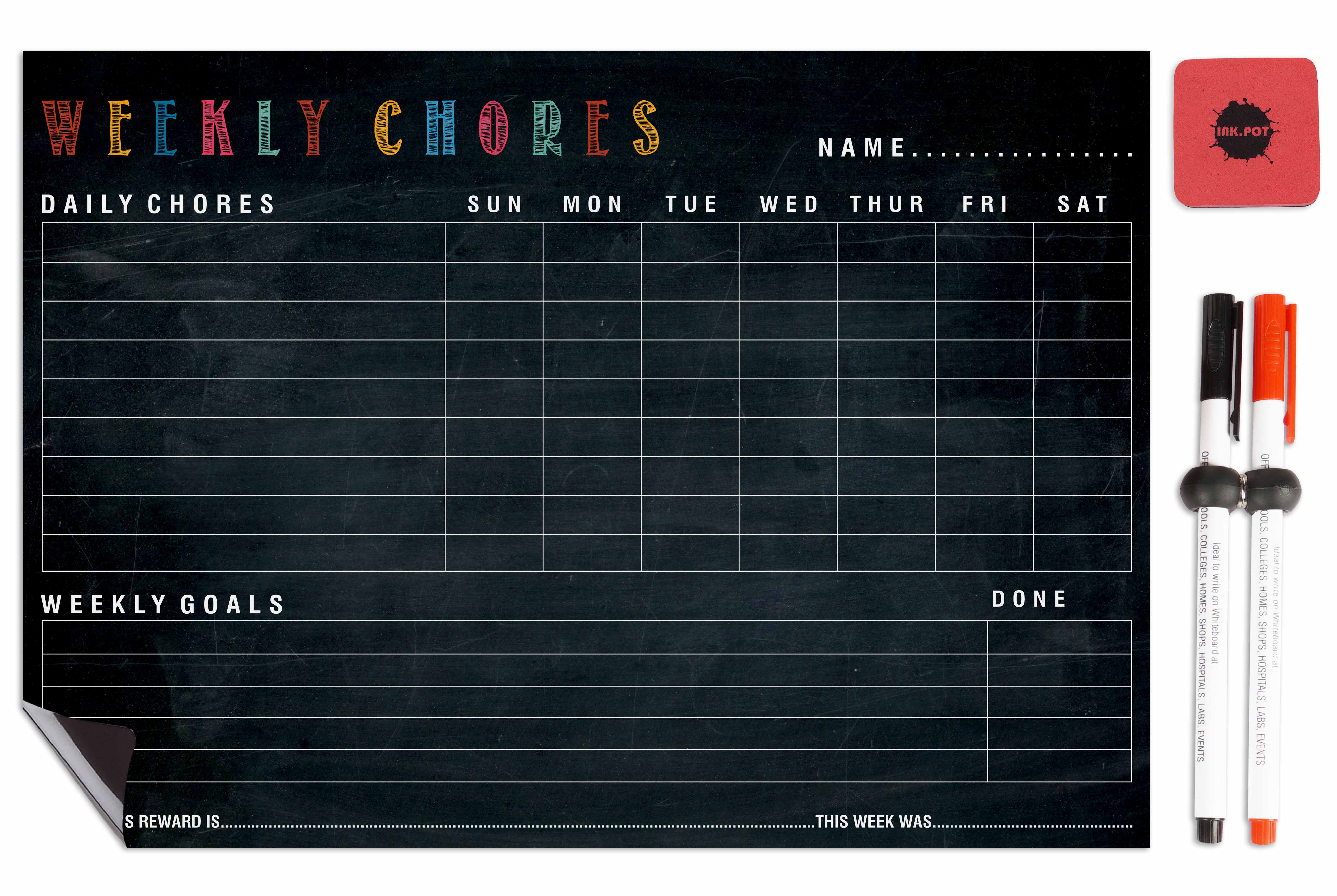 

Inkdotpot Магнитная доска Еженедельные обязанности по дому Таблица для холодильника - Сухое стирание Диаграмма поведения для детей 12x17 Inches темно-синий