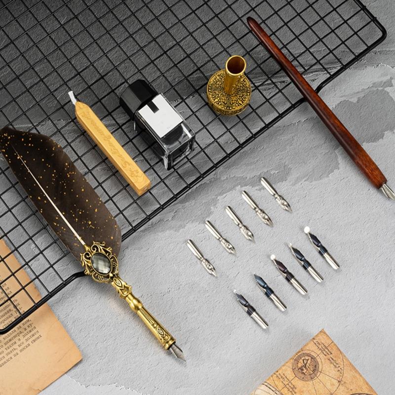 Exquisite Dip Pen Set Wax Stick Set Calligraphy Feather Pen Kit 10Pcs Replacement Nibs for Invitations Letters Writing