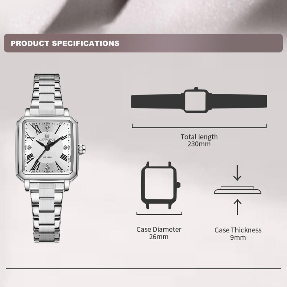 NAVAFORCE Women's Quartz Watch Ceremony Party Stainless Steel Strap Waterproof Square Roman Dial Women's Casual Fashion Accessories Watch NF5065