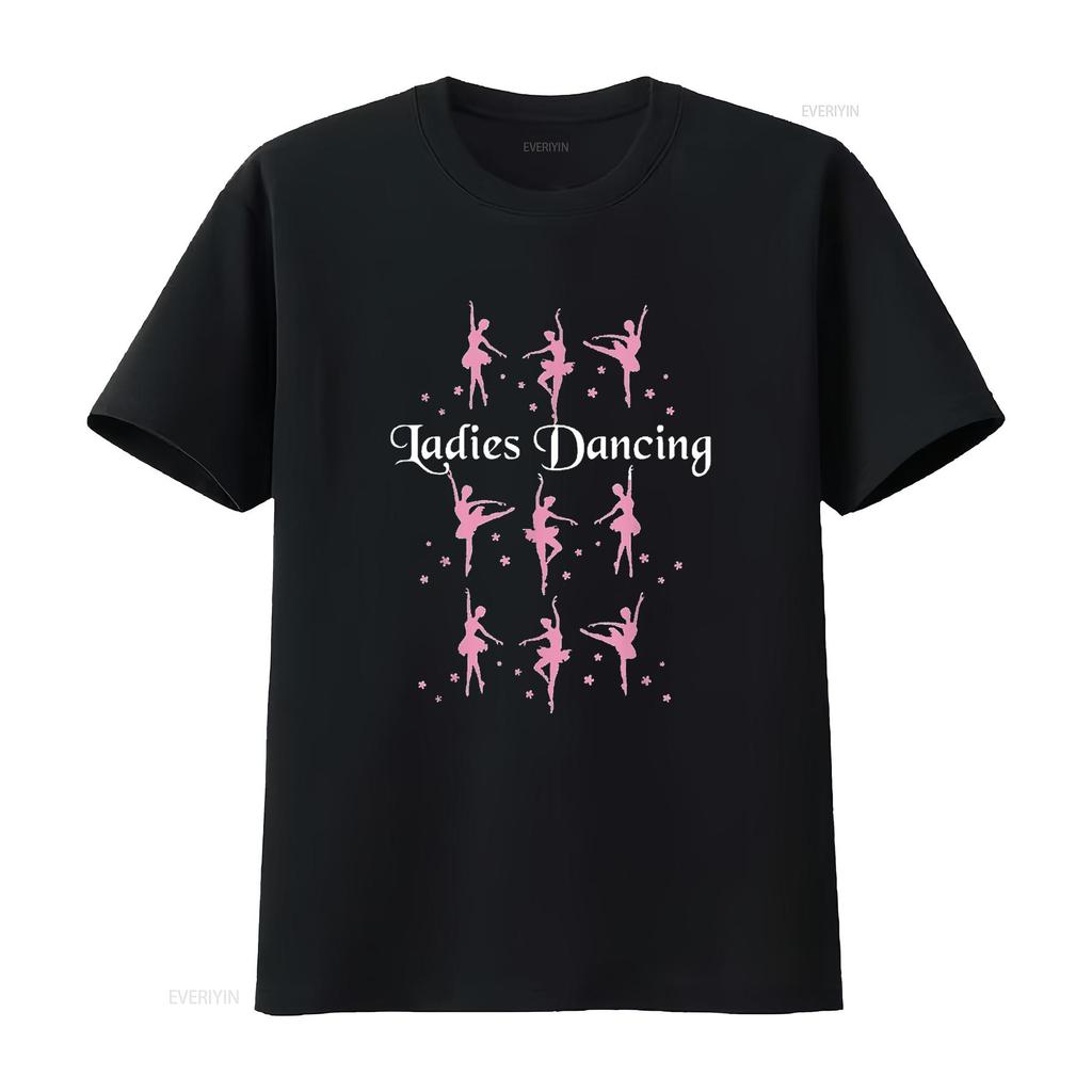 Damen Nine Ladies Dancing T-Shirt Lustig Weihnachten Schwarz Mittel Vintage Gewaschen Vielseitig Lässig Grafikdesigner Kleidung