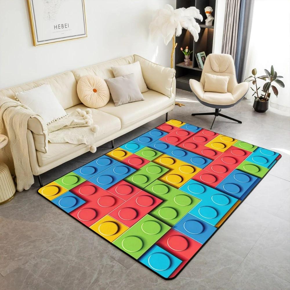 Rainbow Building Blocks Inspired Carpets for Living Room Decor Construction Carpet for Boys Girls Bedroom Washable Entrance Rug