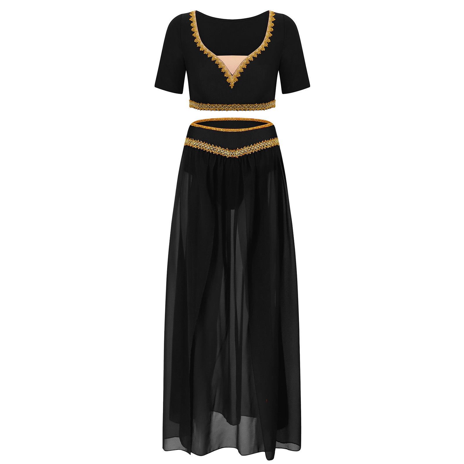 

Womens Belly Dance Outfit V Neck Short Sleeve Crop Top Slit Chiffon Long Skirt 2 Piece Set S чорний