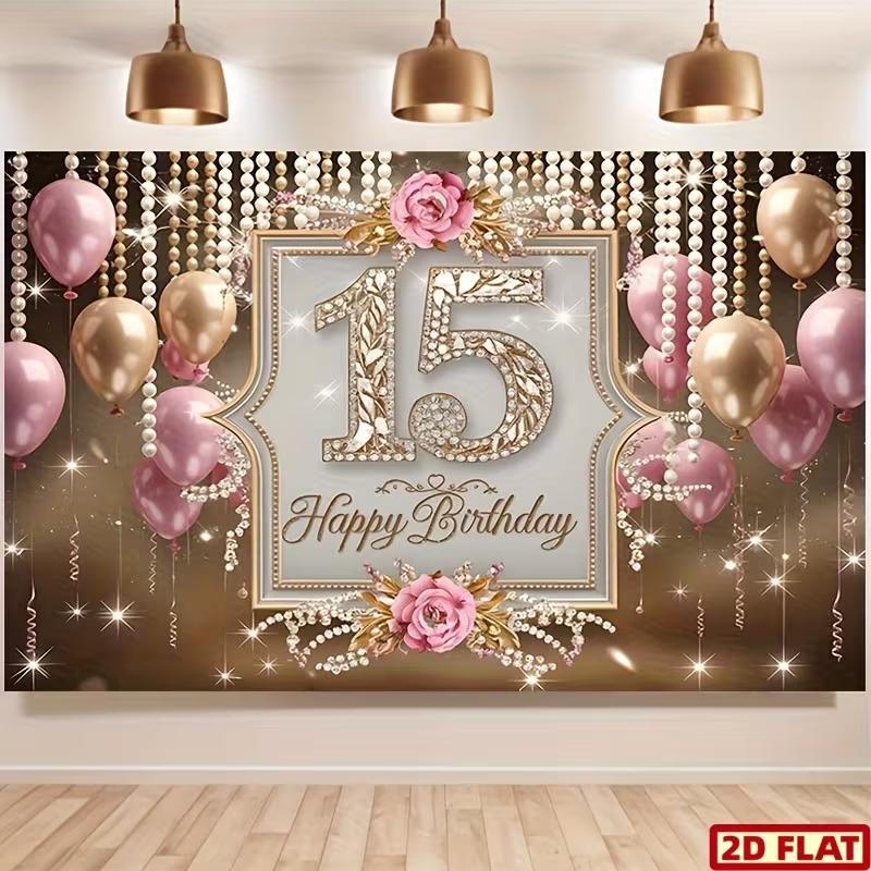 2D Sweet 15 Photo Backdrop with Diamond Number 15, Pink Gold Balloons and Flowers