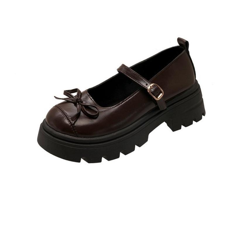

женские туфли на толстой подошве с бантом, новые, с круглым носком и пряжкой, маленькие кожаные туфли в стиле колледжа JK 40 коричневый