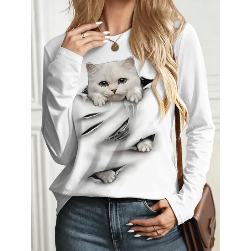 Fashion Women's Crew Neck Long Sleeve 3D Casual Color Printing Casual Short Sleeve Crew Neck T-Shirt
