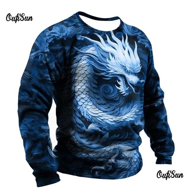 3d Men's Dragon Print T-Shirt Long Sleeve Man Oversized Tee Tops Casual O-Neck Pullover Animal Pattern Male Tshirt Clothes