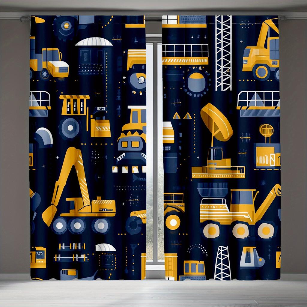 2pcs Construction Vehicle Curtains with Bulldozer   Crane   and Excavator Designs for Room Decorative curtains