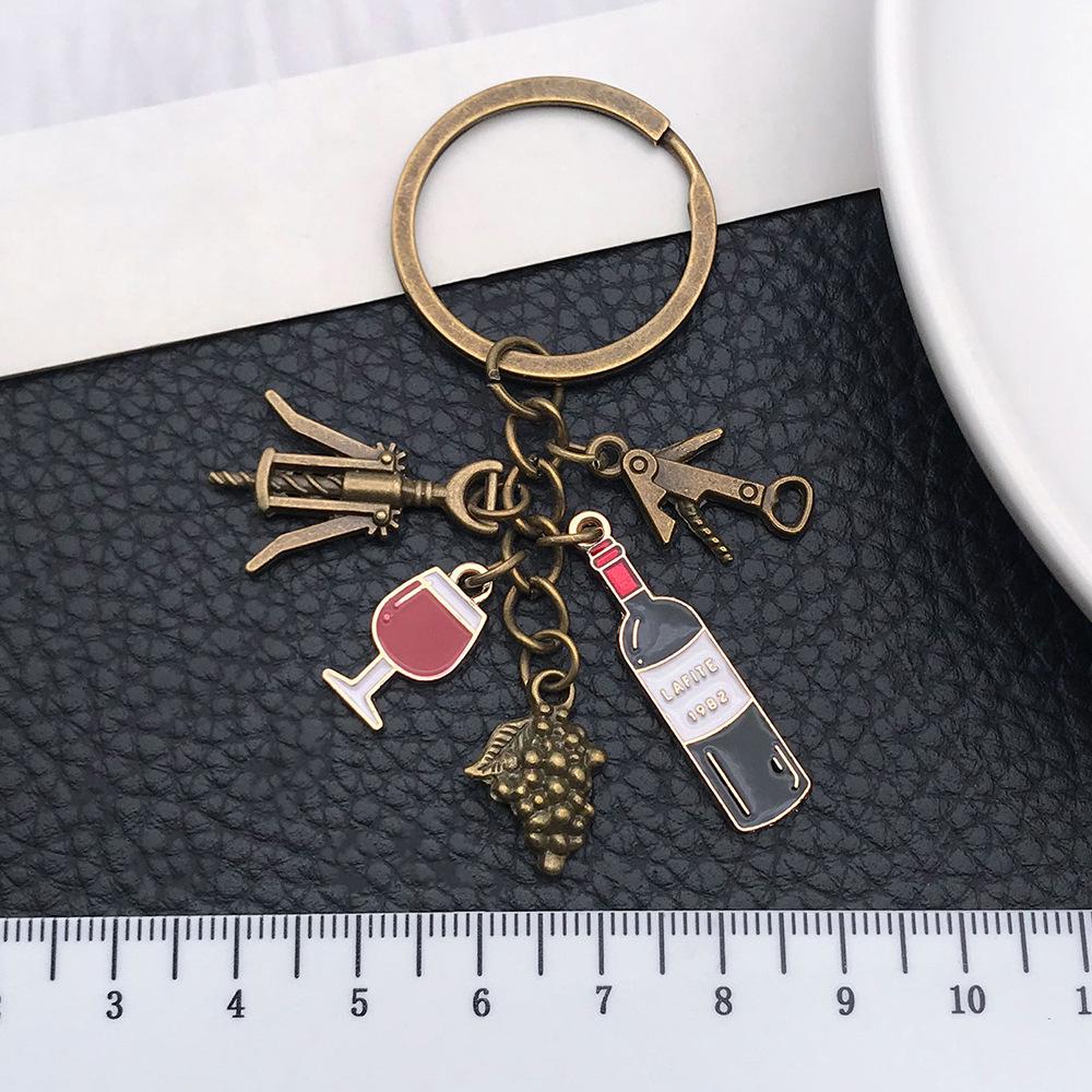 Ancient Bronze Zinc Alloy Wine Opener Keychain with Red Wine Glass Ornament