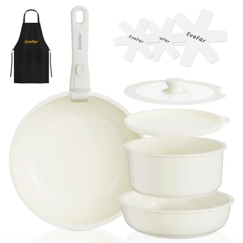 

EvoFar 10-Piece Frying Pan Set, Induction & Gas Compatible, PFOA & PFOS Free, Lightweight, Removable Handles, Perfect for Single Living, Includes 20cm