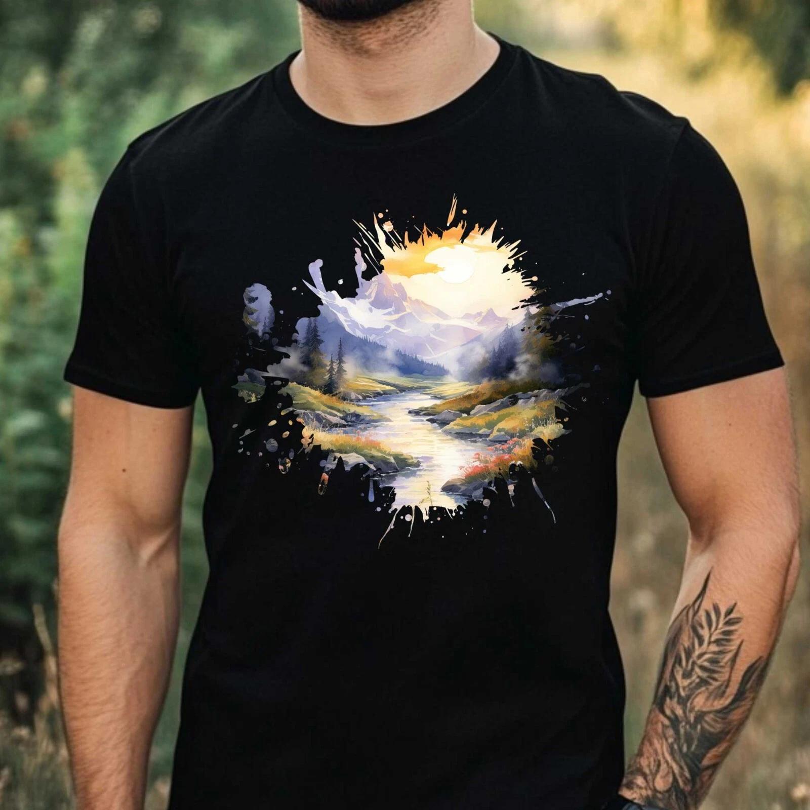 T-Shirt Herren Aquarell Berglandschaft Motiv Baumwolle Größe XS bis 5XL S