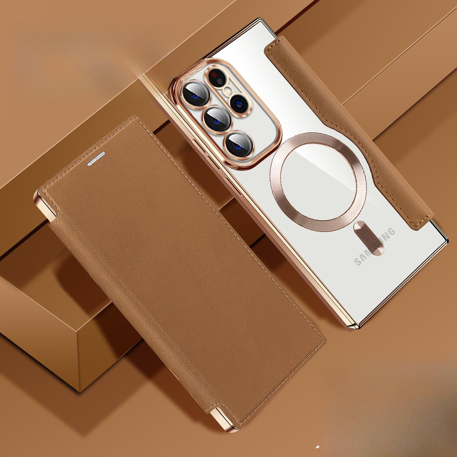 

Подходит для чехла для телефона Samsung S25EDGE, откидная крышка, магнитная зарядка, S24Ultra, гальванизированный противоударный, S23 A16 коричневый