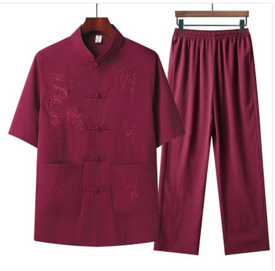 Men's Embroidered Short Sleeve Tang Suit - Loose Fit Dragon Set for Fathers and Seniors