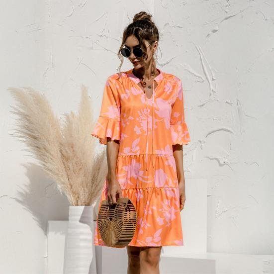 Women's Summer Mini Dress Puff Short Sleeve V Neck Pleated Dress Boho