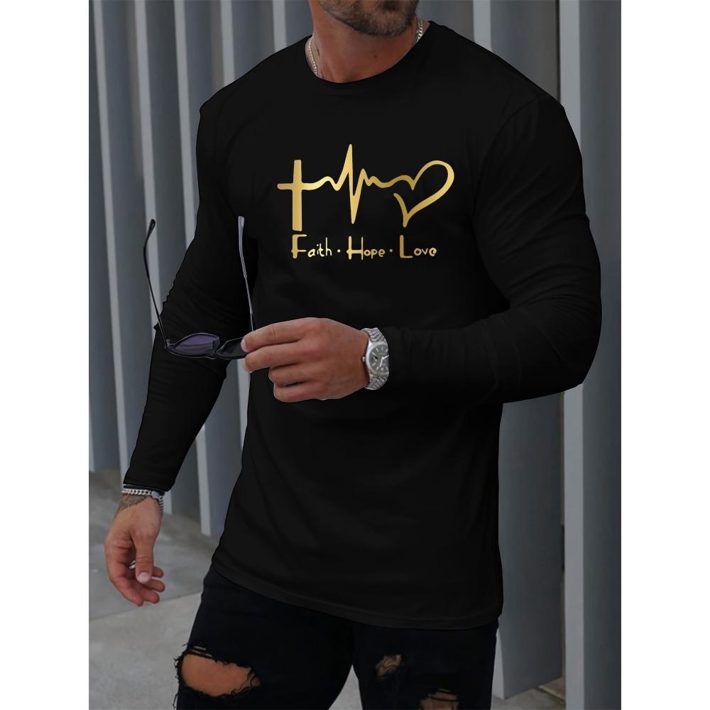 Men's Spring and Autumn Comfortable Leisure Love Faith Pattern Printed Round Neck Long Sleeve T-shirt Top