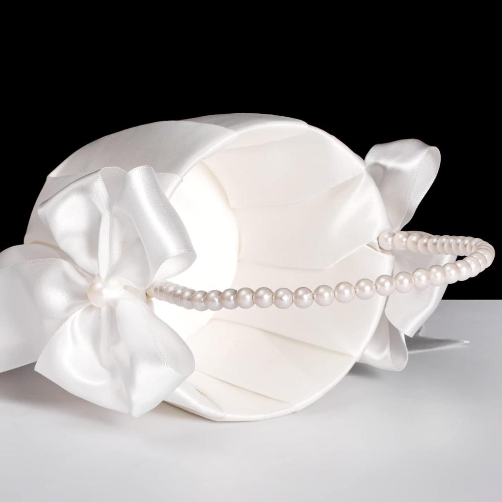 White Flower Basket Bow Faux Pearl Girls Wedding Flower Basket for Bride Kids Hand Held Wedding Ceremony Party Decorations