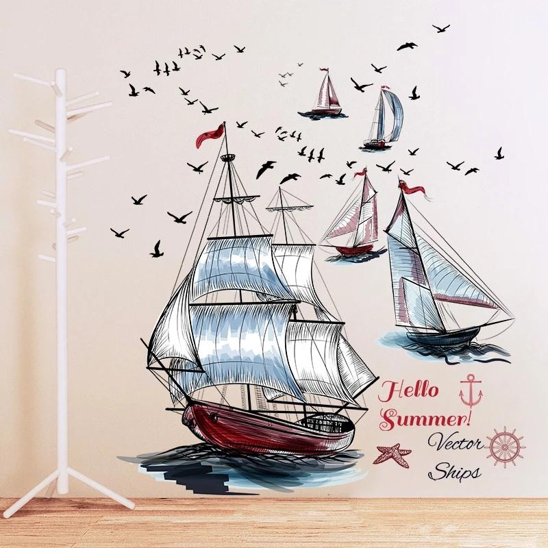Современный парусник корабль Чайка Пейзаж Наклейки на стену для гостиной Спальня Съемная — фото 7