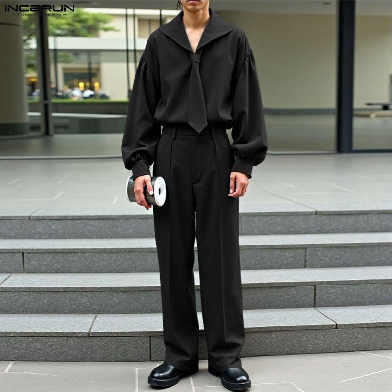 INCERUN Oversized Men Sets Tie Up Long Sleeve Shirts Long Pants Casual Two Pieces Outfits
