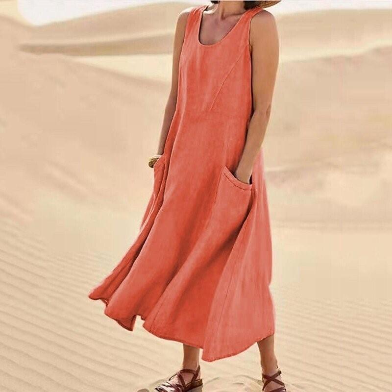 Summer Pocket Sleeveless Round Neck Women's Cotton and Linen Dress Lady Loose Solid Color Pullover Big Swing Dress