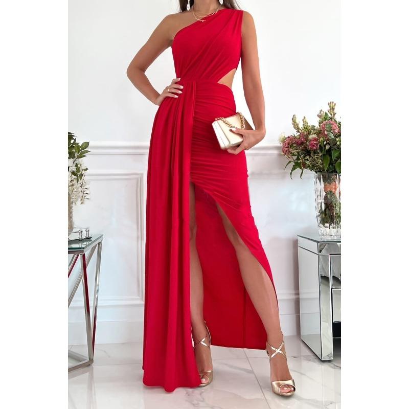 Wish summer sleeveless slant shoulder hollow temperament split dress women S
