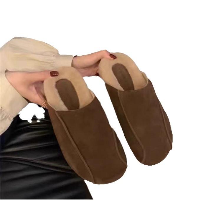 Leather Boken shoes for women's 2025 new autumn and winter velvet thick soles, one pedal, lazy bag head and half drag, wearing retro women