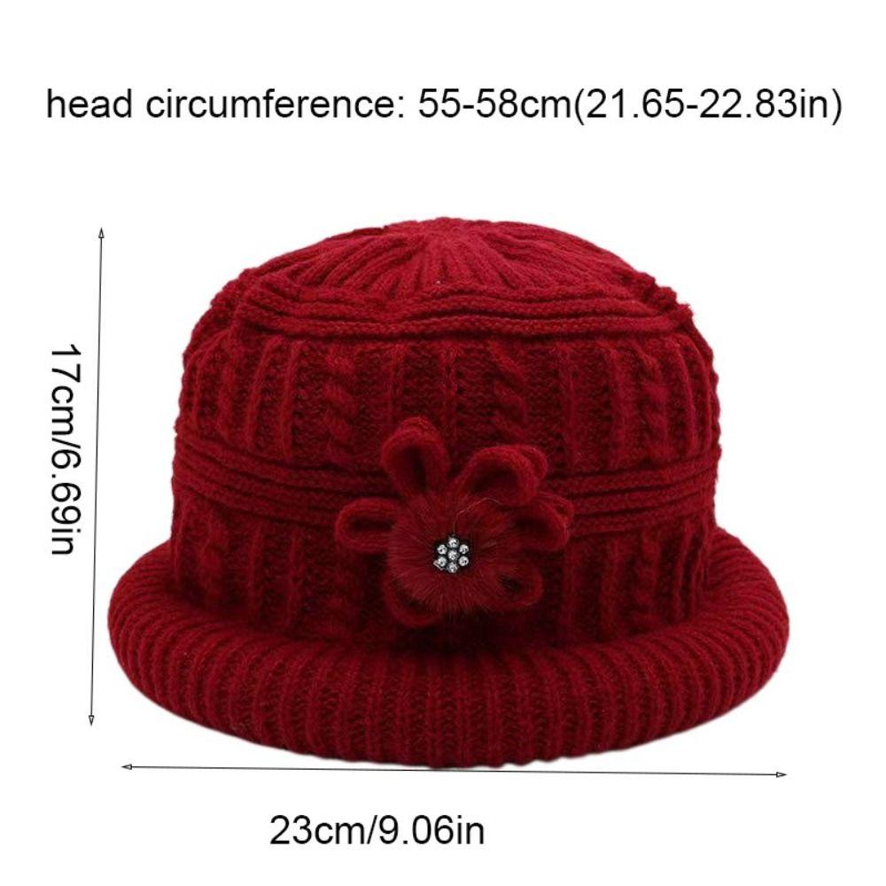 Casual Flower Floral Knitted Bucket Hat Handmade Woolen Hat Wide Brim Crochet Warm Fisherman Hat Middle-aged Elderly