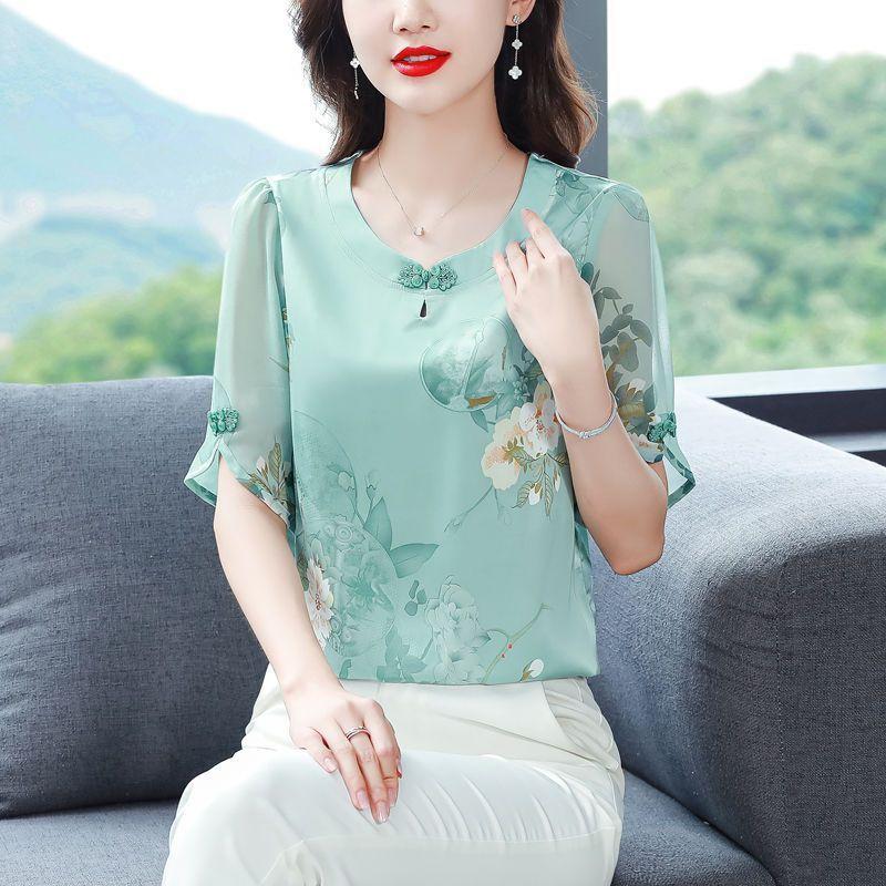 Dámská mátově zelená šifonová halenka s květinovým potiskem, poloviční rukáv, čínský styl, výstřih do V, ležérní top