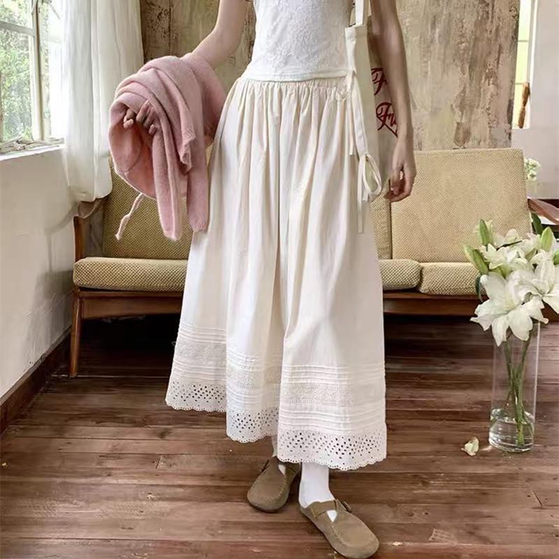 Spring 2026 Korean Slimming Lace-Trim White Midi Skirt