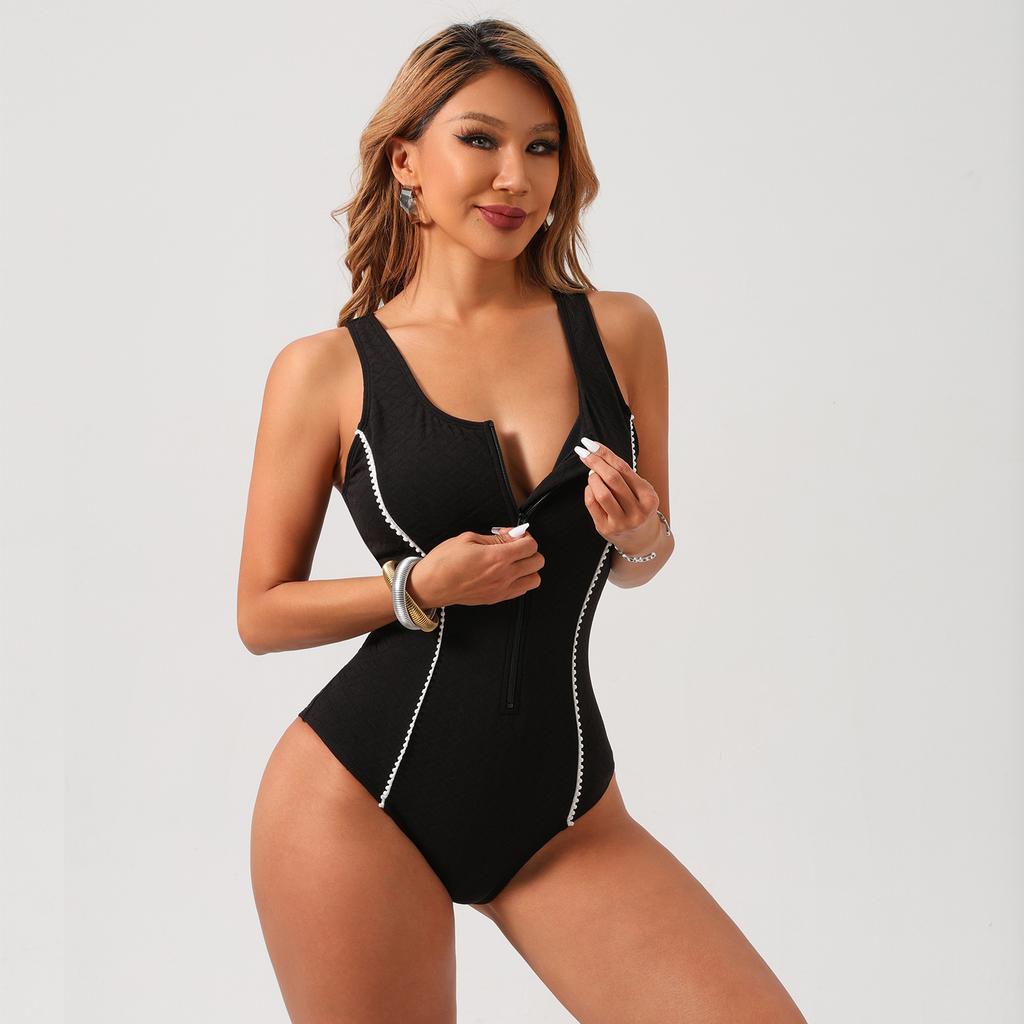 Bañador Monokini de Mujer con Cremallera Frontal, Traje de Baño de una Pieza, Ropa de Baño Modesta con Control de Abdomen
