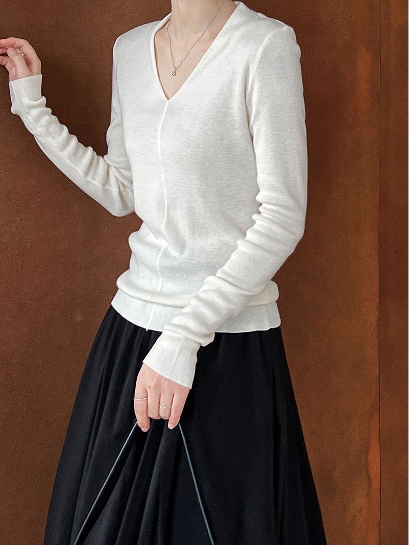 

Женская минималистичная футболка с V-образным вырезом и длинным рукавом Luxi, осень 2024, облегающая, высококачественная, для ношения под одеждой (Стиль: SS539) One Size