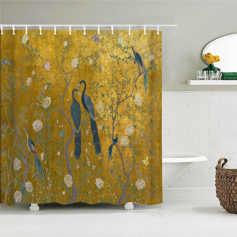 Chinese-style Printed Shower Curtain Waterproof Fabric Bathroom Plum Bossom Flowers Birds Plants Bathtub Screen Home Decorate
