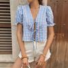 Women's Fashion Casual Summer Spring Plaid Print Short Sleeve V-Neck Blouses & Shirts