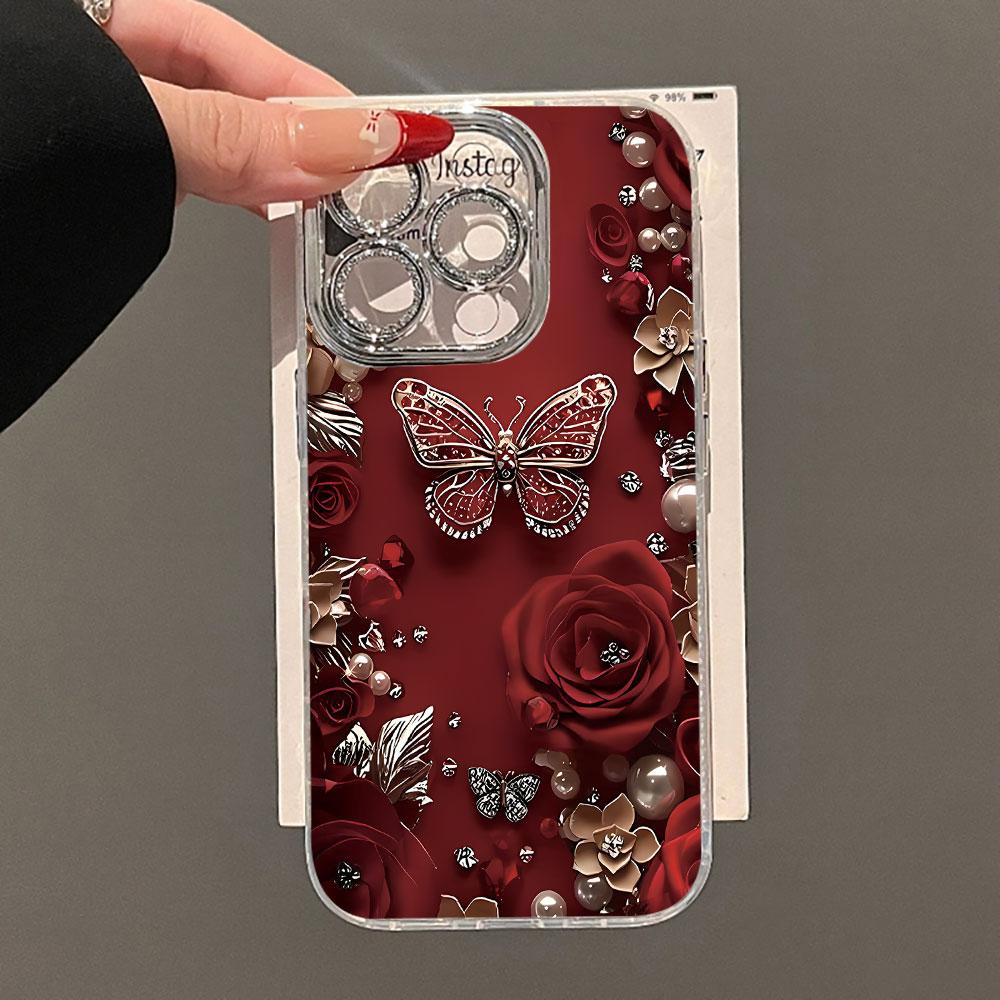 Beautiful Butterfly Flower Glacier Texture Case For iPhone 17 Air 16 15 14 13 12 11 Pro Max Plus With Glass Lens Protector Cover